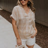 Front view of female model wearing the Kali Light Beige Plaid Short Sleeve Top which features Taupe and White Cotton Fabric, Plaid Print,  Short Sleeves and V-Neckline with Collar