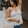 Front view of female model wearing the Payton Cream Sheer & Lace Tank which features Cream Lace and Sheer Fabric, Monochrome Floral Design, Lettuce Hem Details, Sweetheart Neckline an d Adjustable Straps
