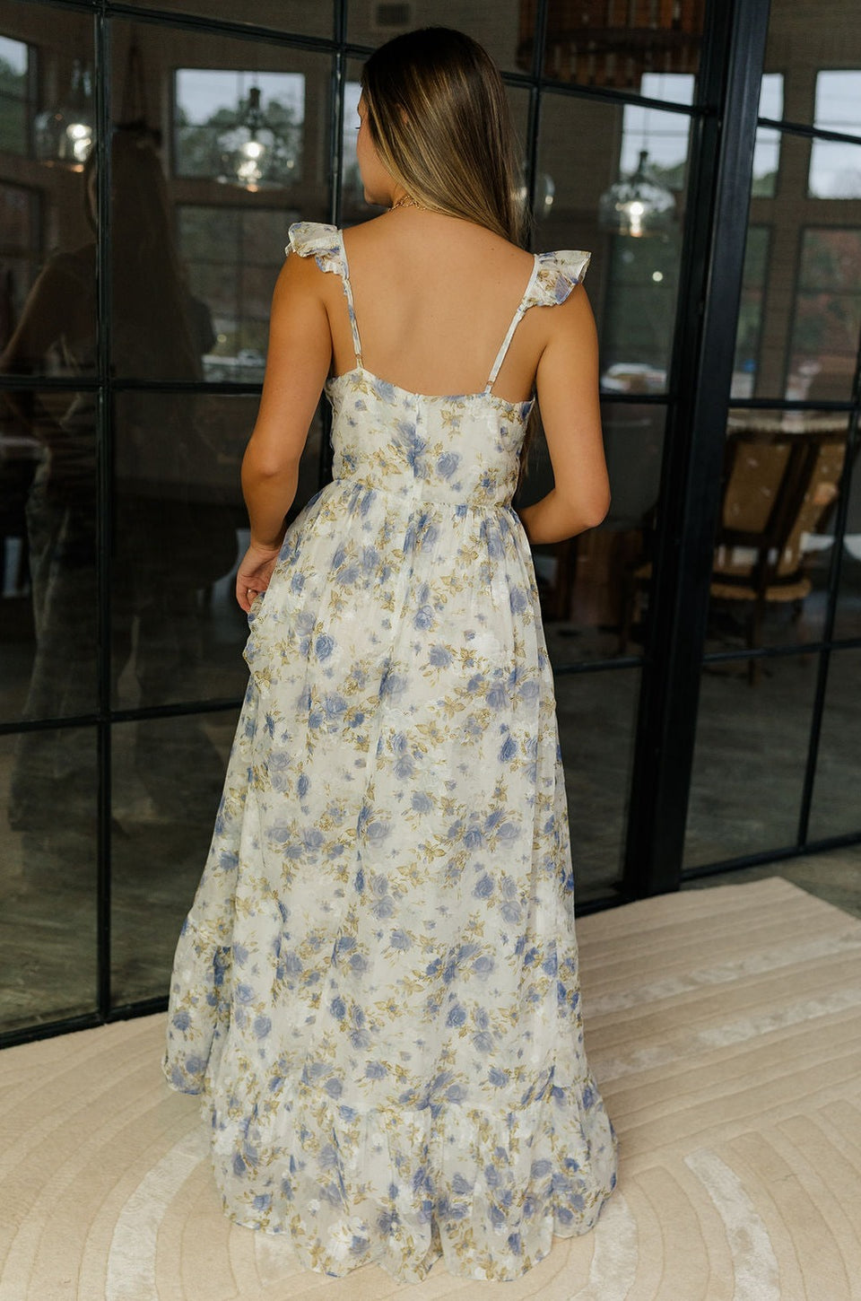 Felicity White and Blue Floral Maxi Ruffle Dress - Lizard Thicket