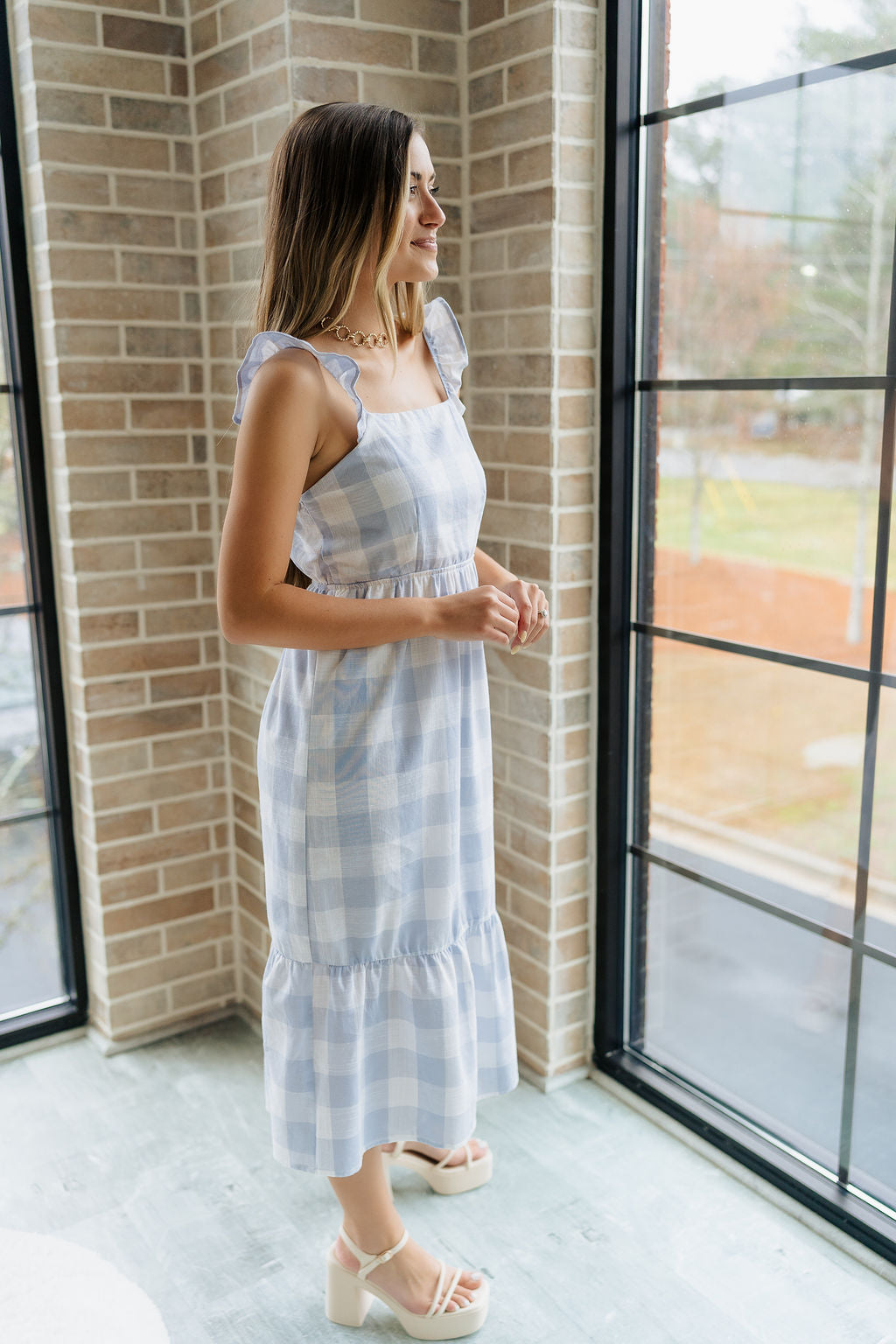 Bonnie Light Blue and White Plaid Midi Dress