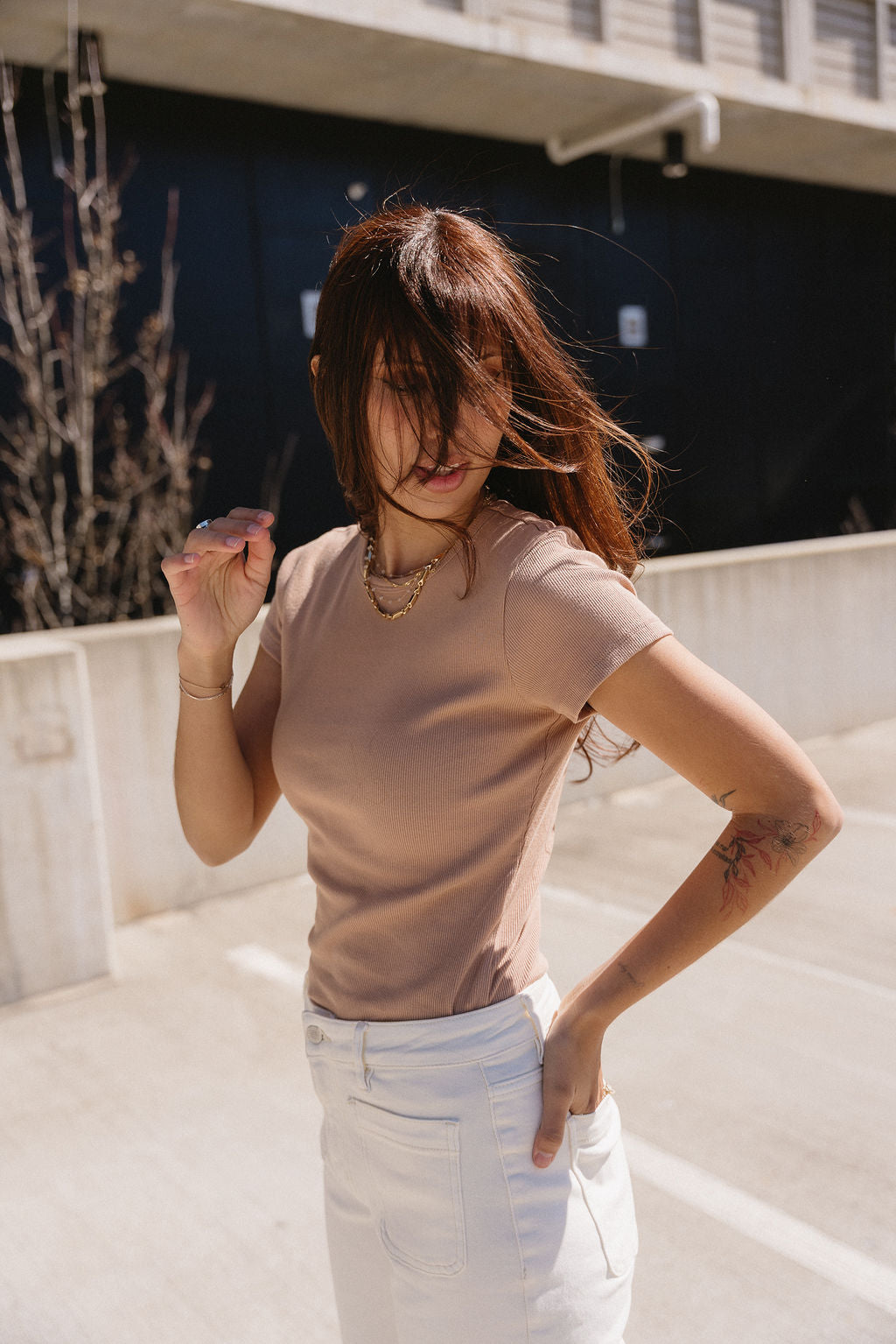 Magnolia Dark Taupe Ribbed Short Sleeve Top- left side view