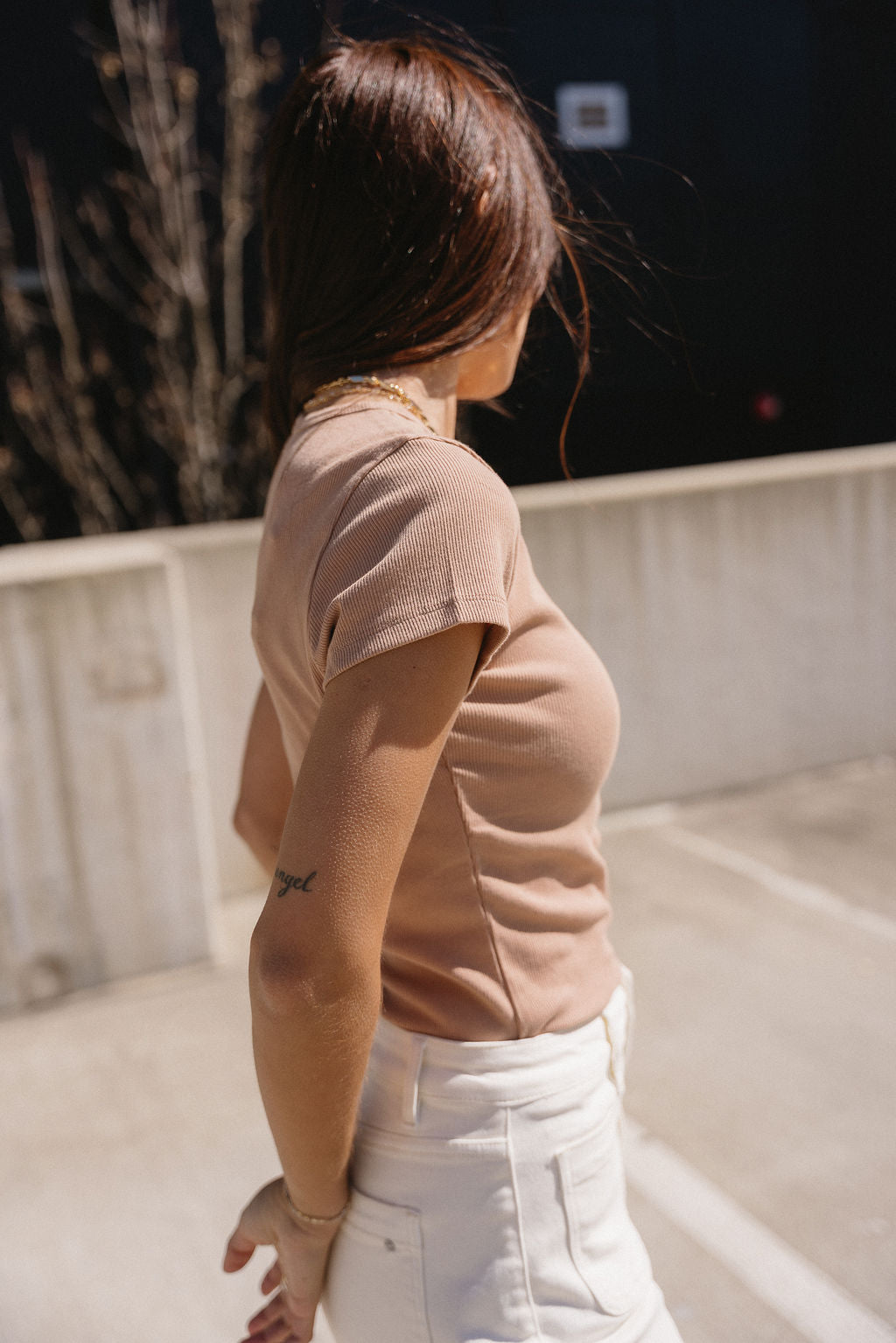 Magnolia Dark Taupe Ribbed Short Sleeve Top- side view