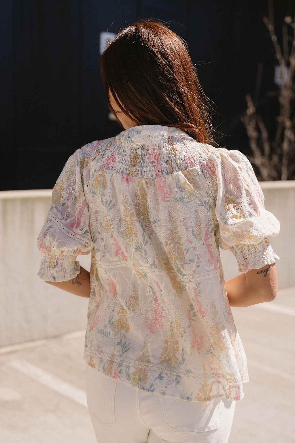 Madilyn Yellow Multi Floral Paisley Top- close up back view