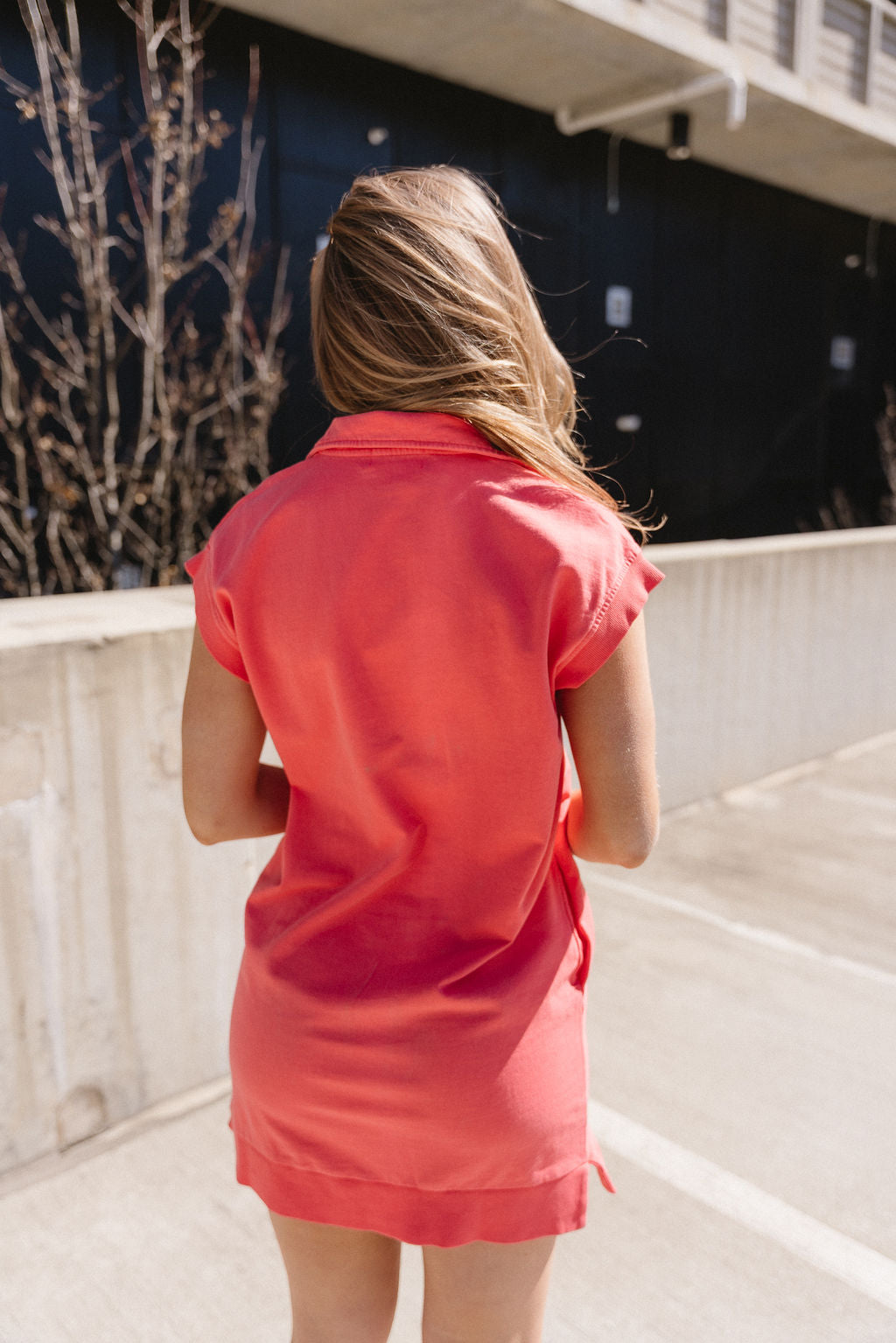 Raegan Coral Quarter Zip-Up Dress- close up back view