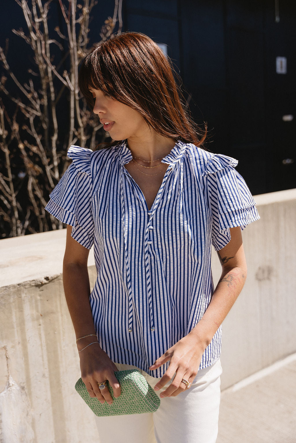 Briella Navy & White Stripe Ruffle Top - Lizard Thicket