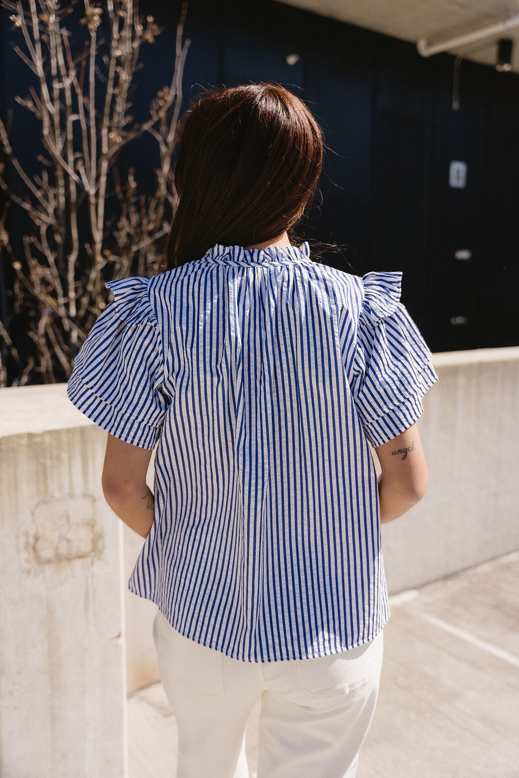 Briella Navy & White Stripe Ruffle Top- back view