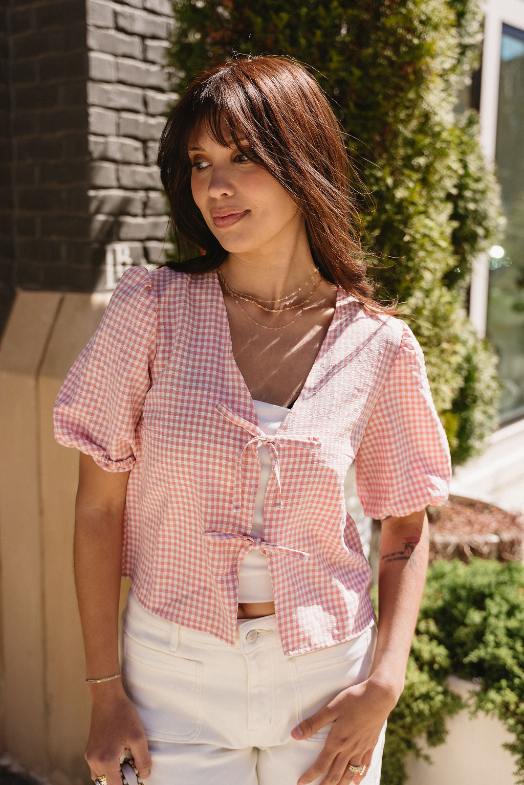 Belinda Pink Gingham Tie-Front Top - Front view