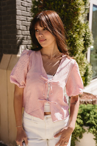 Pink Gingham Top – Belinda Tie-Front Puff Sleeve Blouse - Lizard