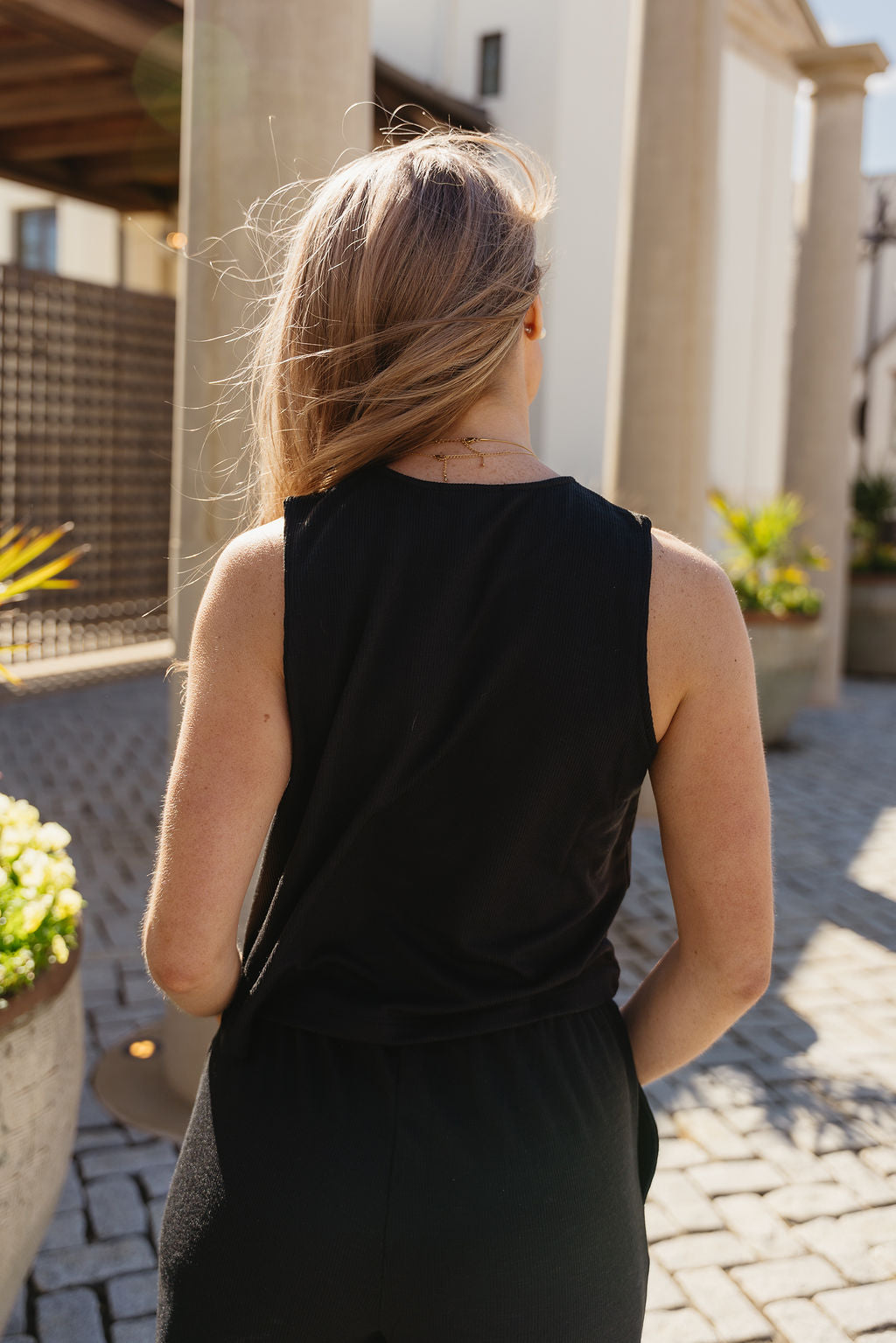 Myra Black Ribbed Tank- back view