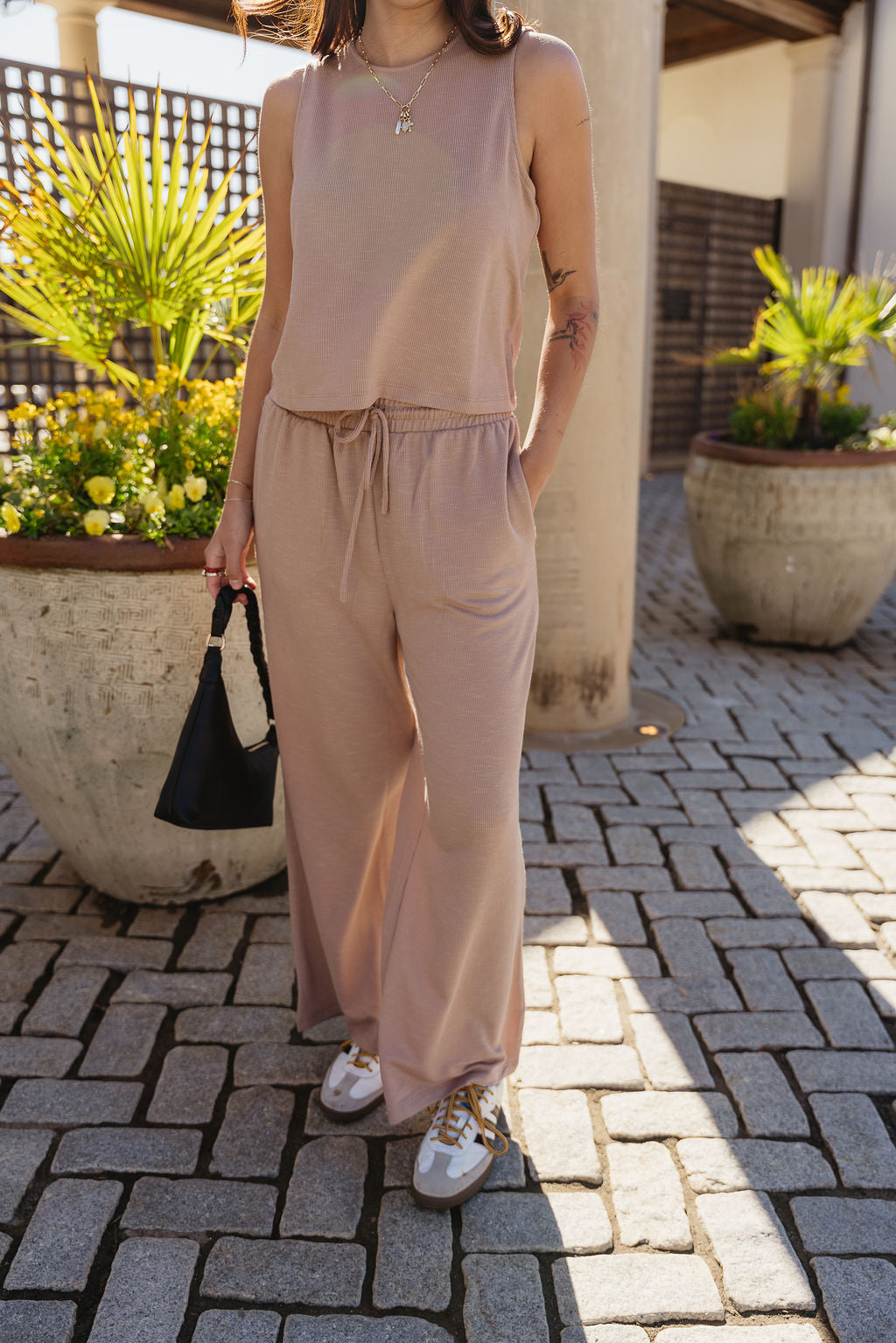 Myra Dark Taupe Ribbed Wide Leg Pants- front view