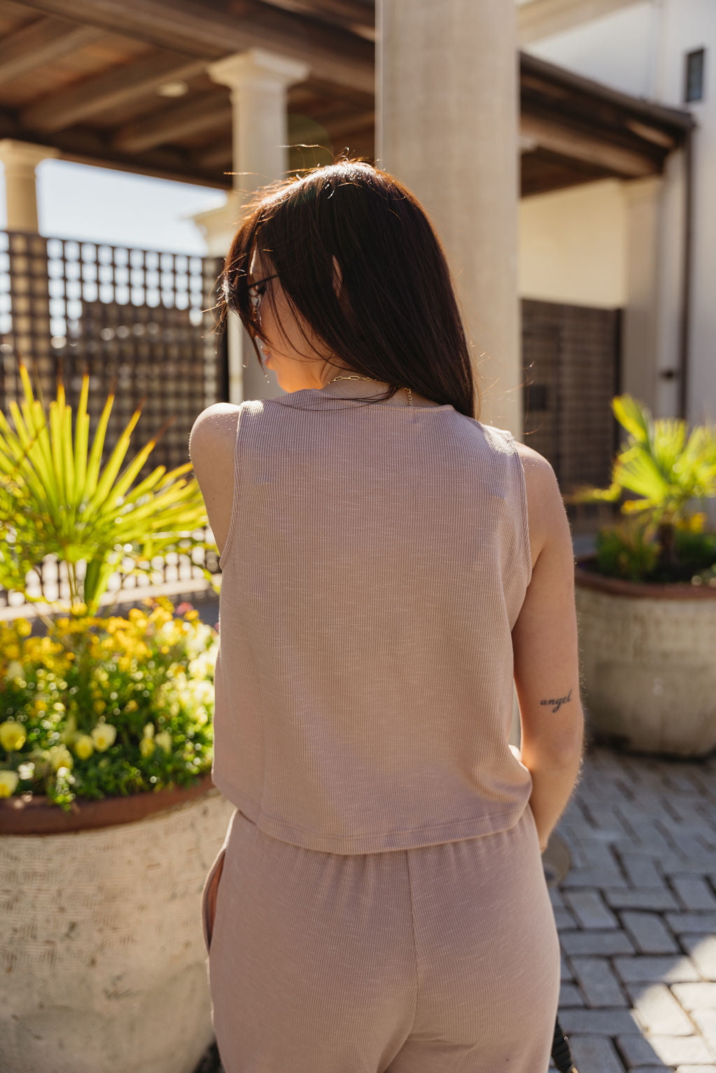 Myra Dark Taupe Ribbed Tank- close up back view