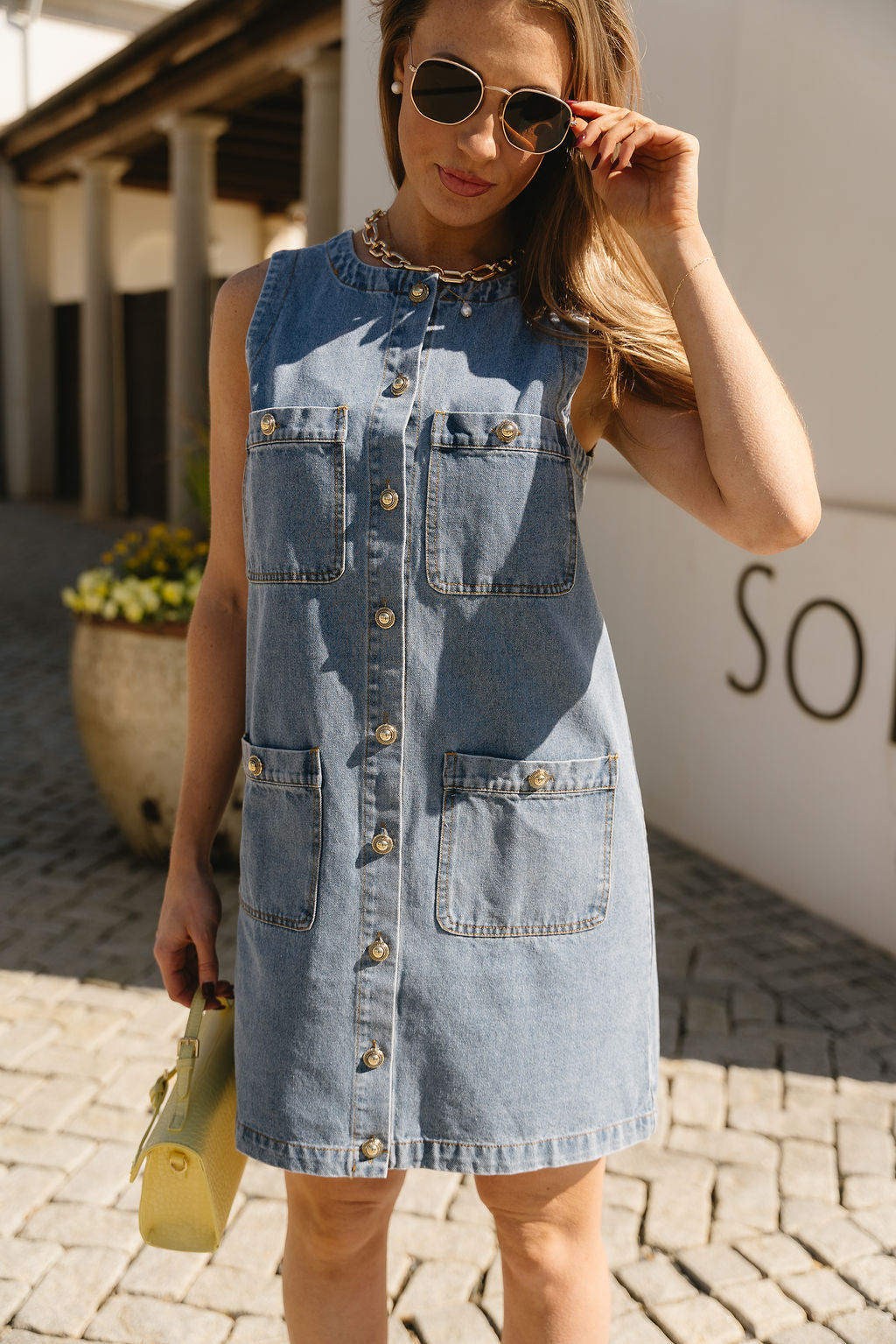 Denim Mini Dress Janie Blue Sleeveless Button Up Dress Lizard Thicket denim-mini-dress-janie-blue-sleeveless-button-up-dress-lizard-thicket