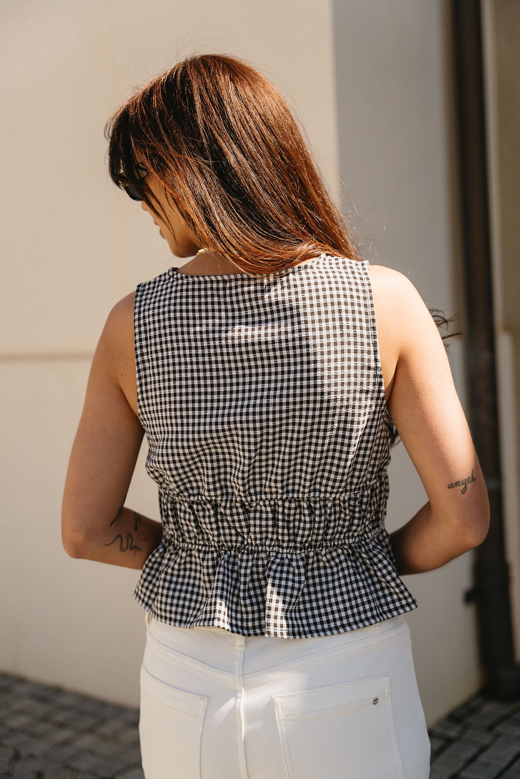 Amaris Black & White Gingham Tank- close up back view