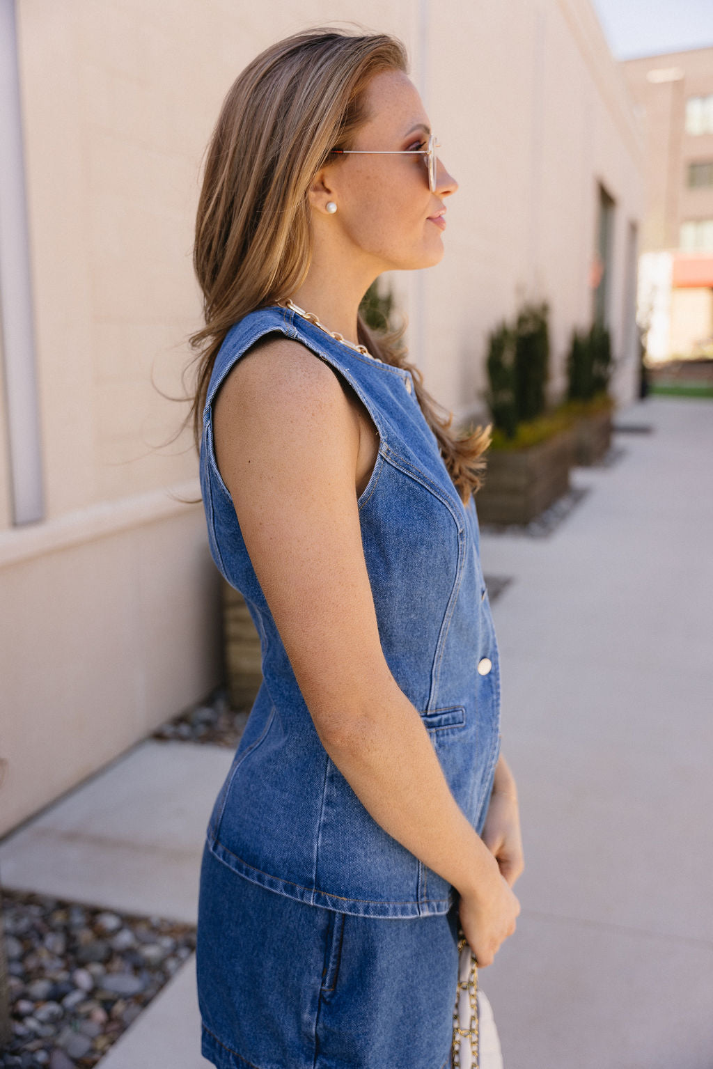 Nylah Denim Front Button Slit Vest- side view