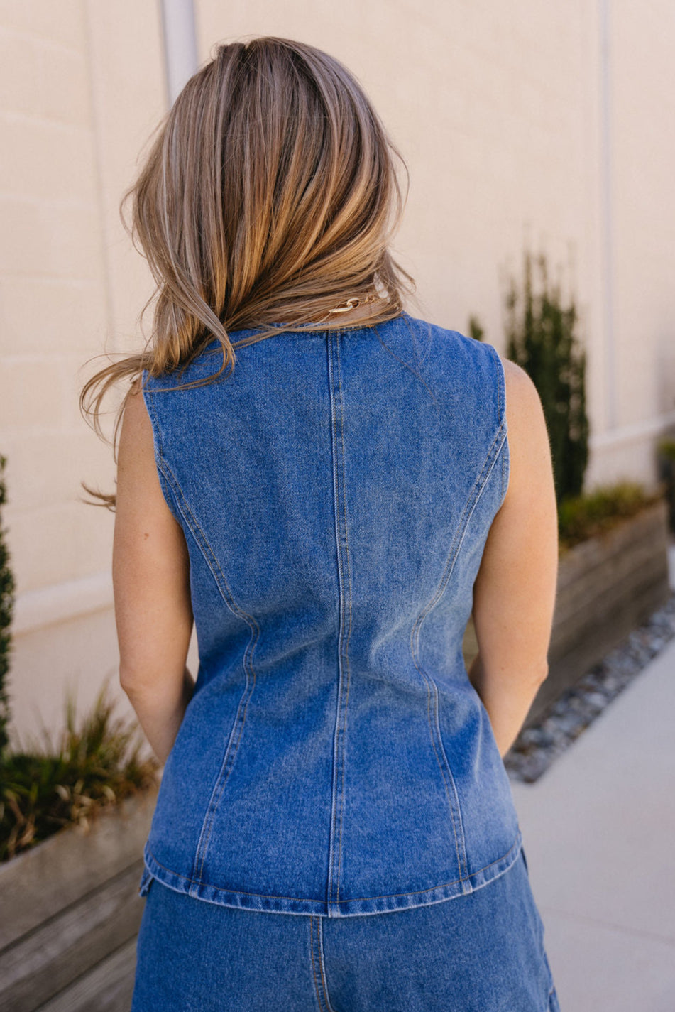 Nylah Denim Front Button Slit Vest- close up back view