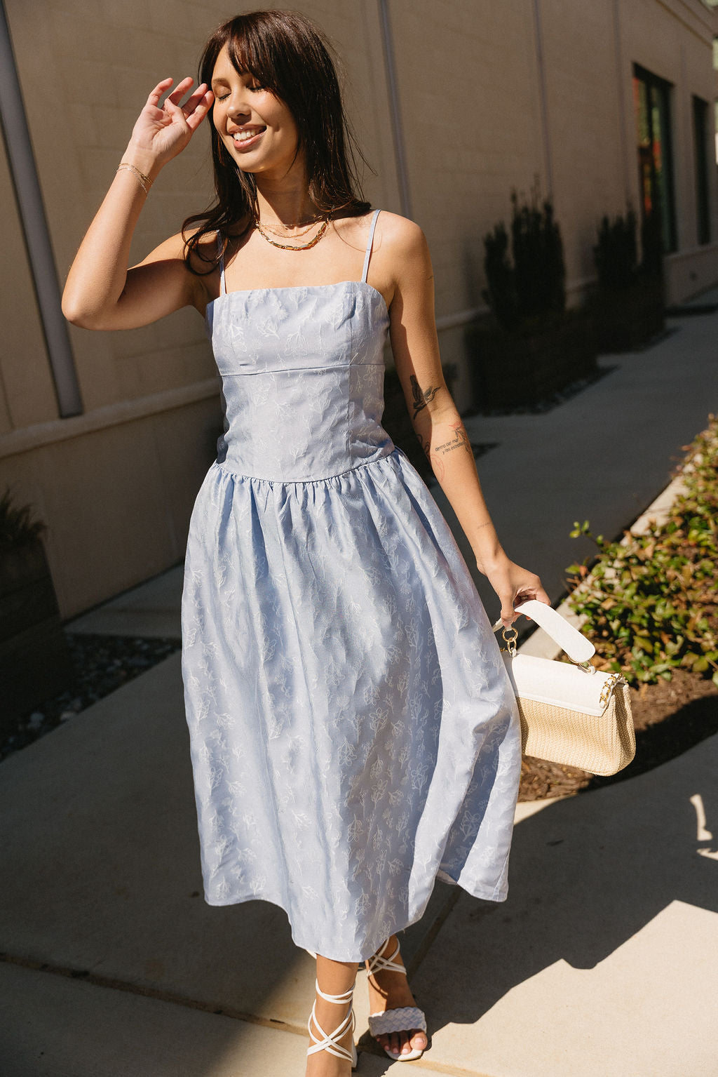 Alexa Dusty Blue Floral Midi Dress- front full body view