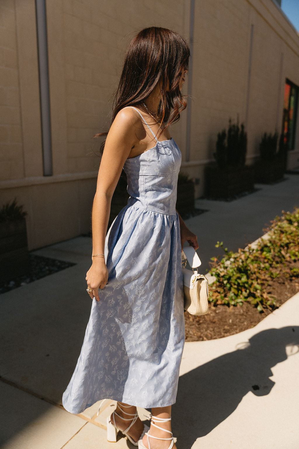 Alexa Dusty Blue Floral Midi Dress- full body side view