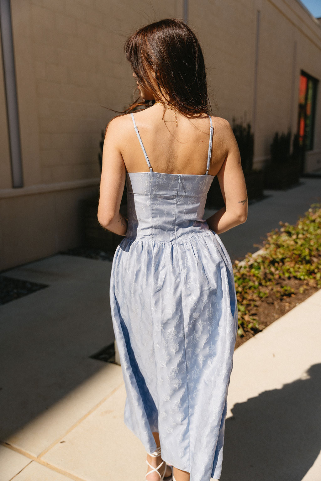 Alexa Dusty Blue Floral Midi Dress- back view