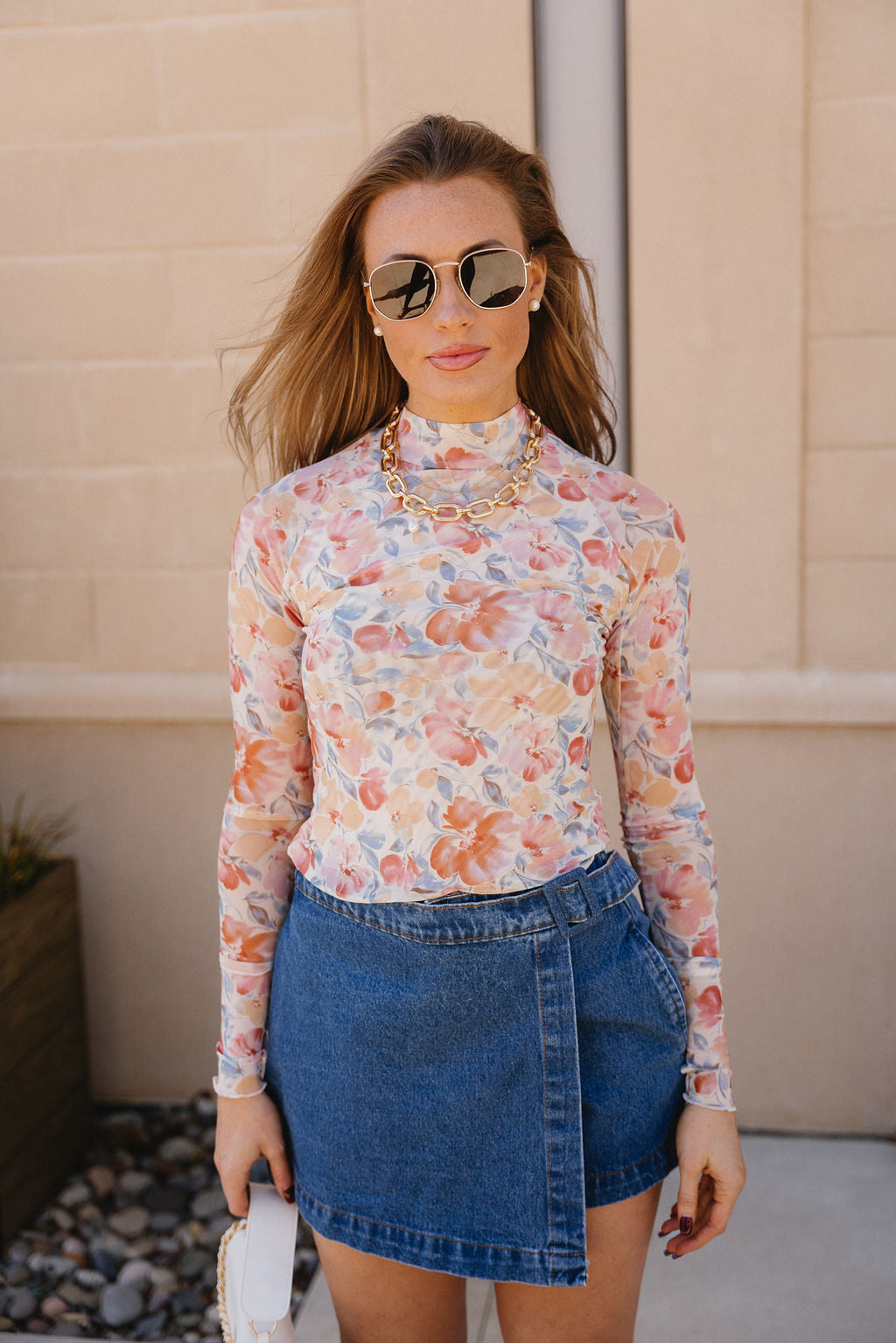 Miranda Cream Multi Floral Mesh Top- close up top view