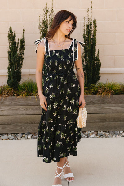 Black Floral Midi Dress – Heather Tie Strap Midi Dress