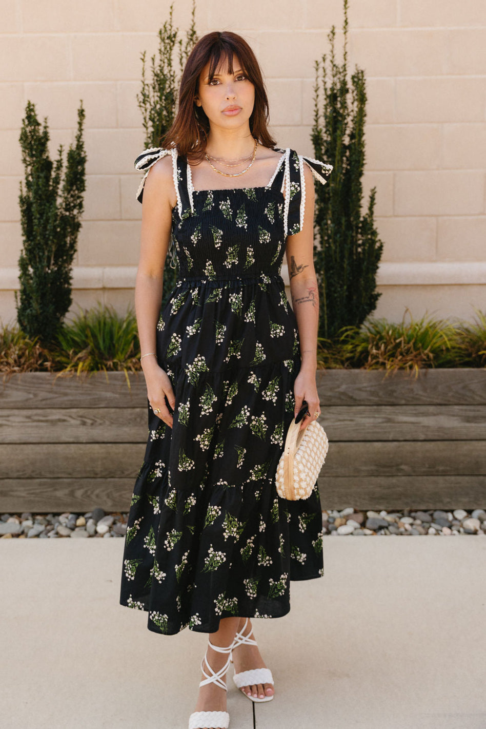 Heather Black Floral Tie Strap Midi Dress - front 