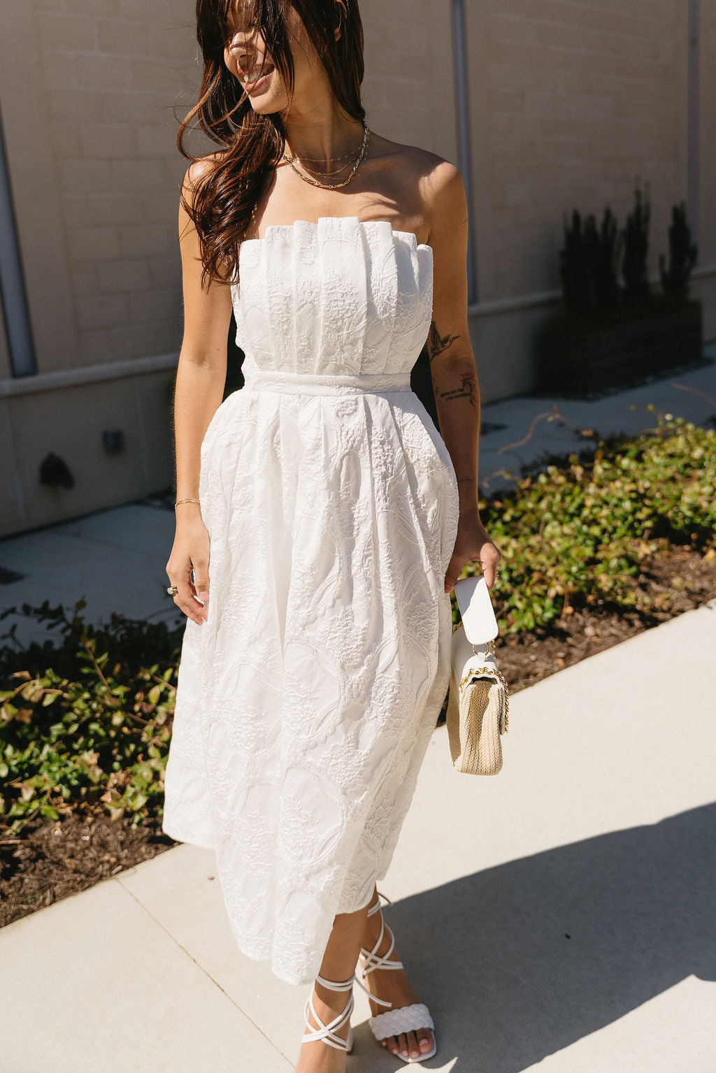 Portia White Jacquard Strapless Midi Dress -  front view