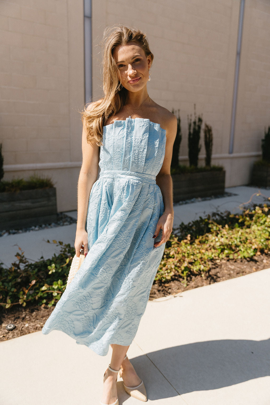 Portia Blue Jacquard Strapless Midi Dress- front view