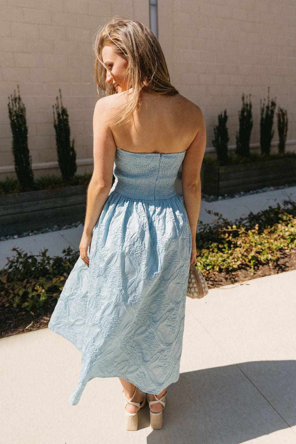 Portia Blue Jacquard Strapless Midi Dress- full body back view