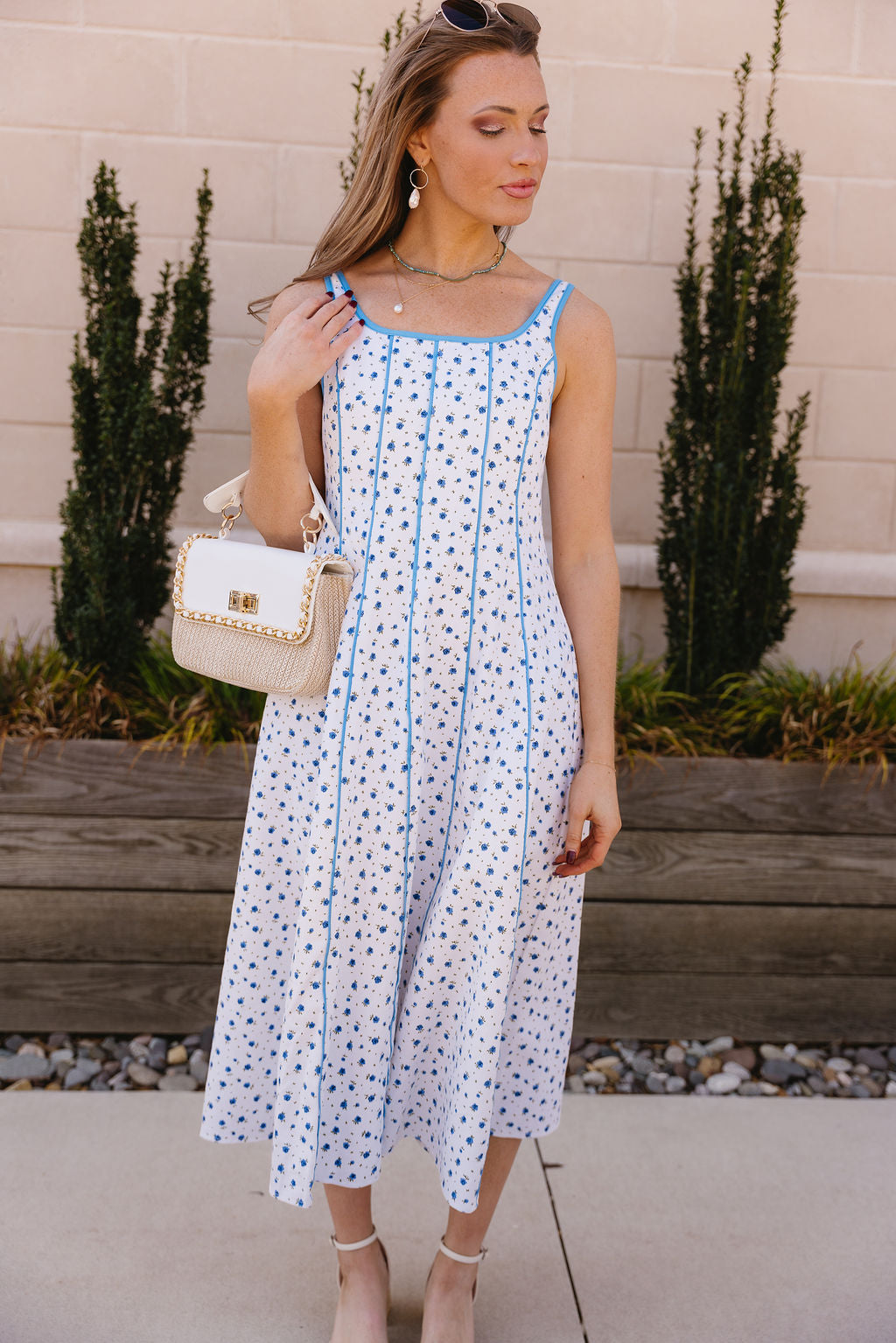 Dallas White & Blue Floral Flare Midi Dress- close up front view