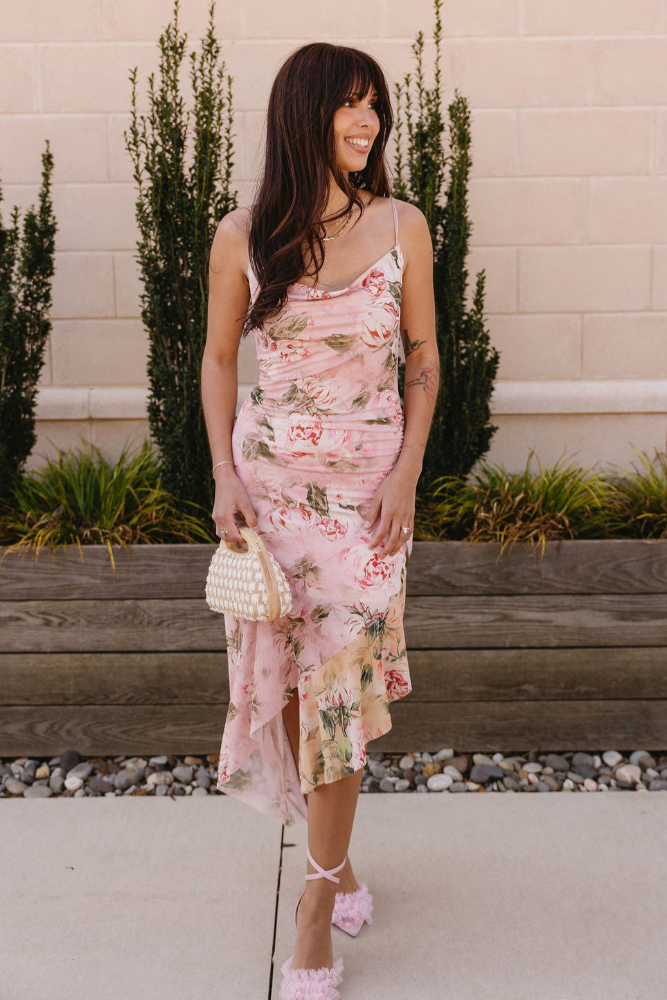 Karsyn Pink Multi Floral Ruffle Midi Dress- full body view