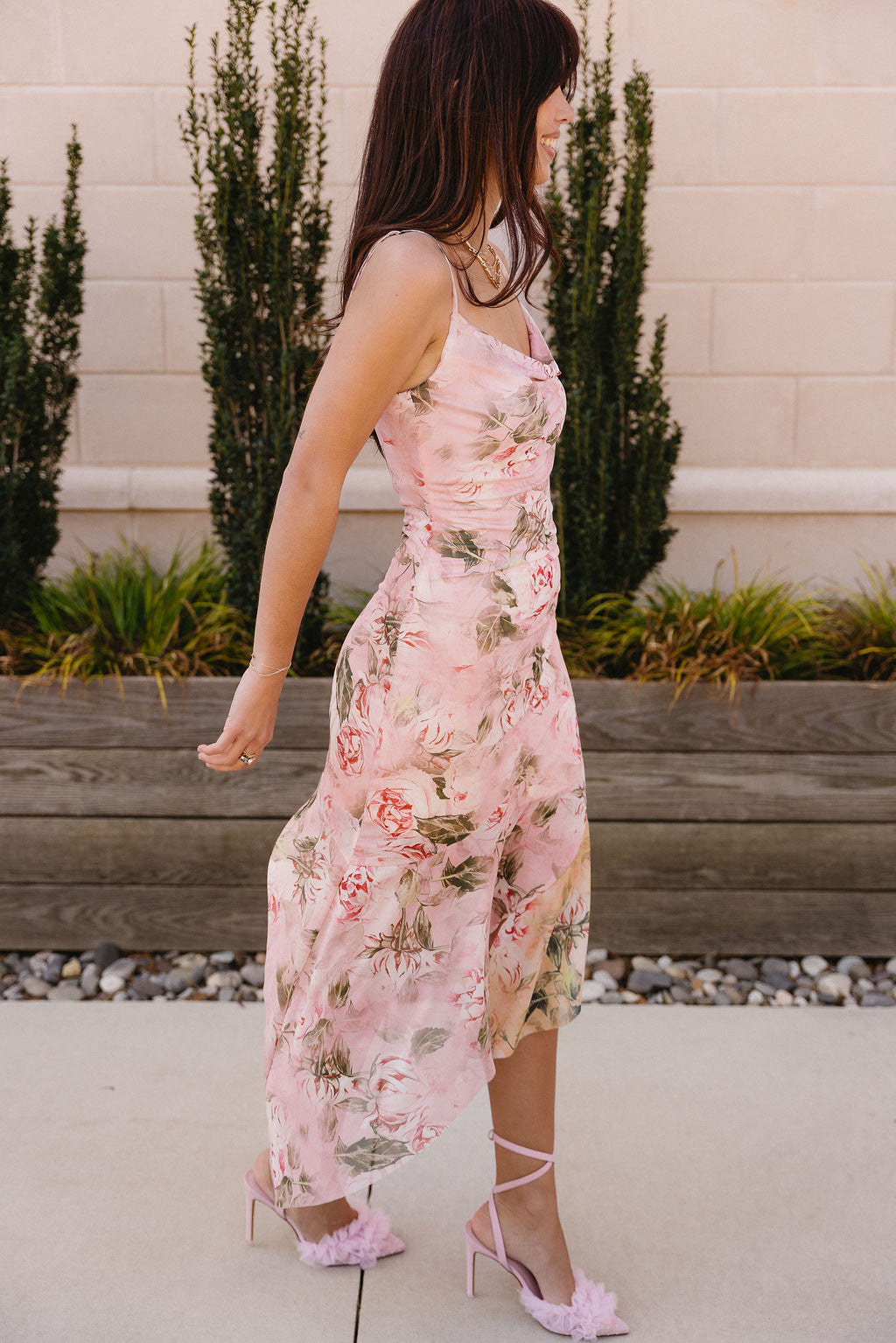 Karsyn Pink Multi Floral Ruffle Midi Dress- frontal side view