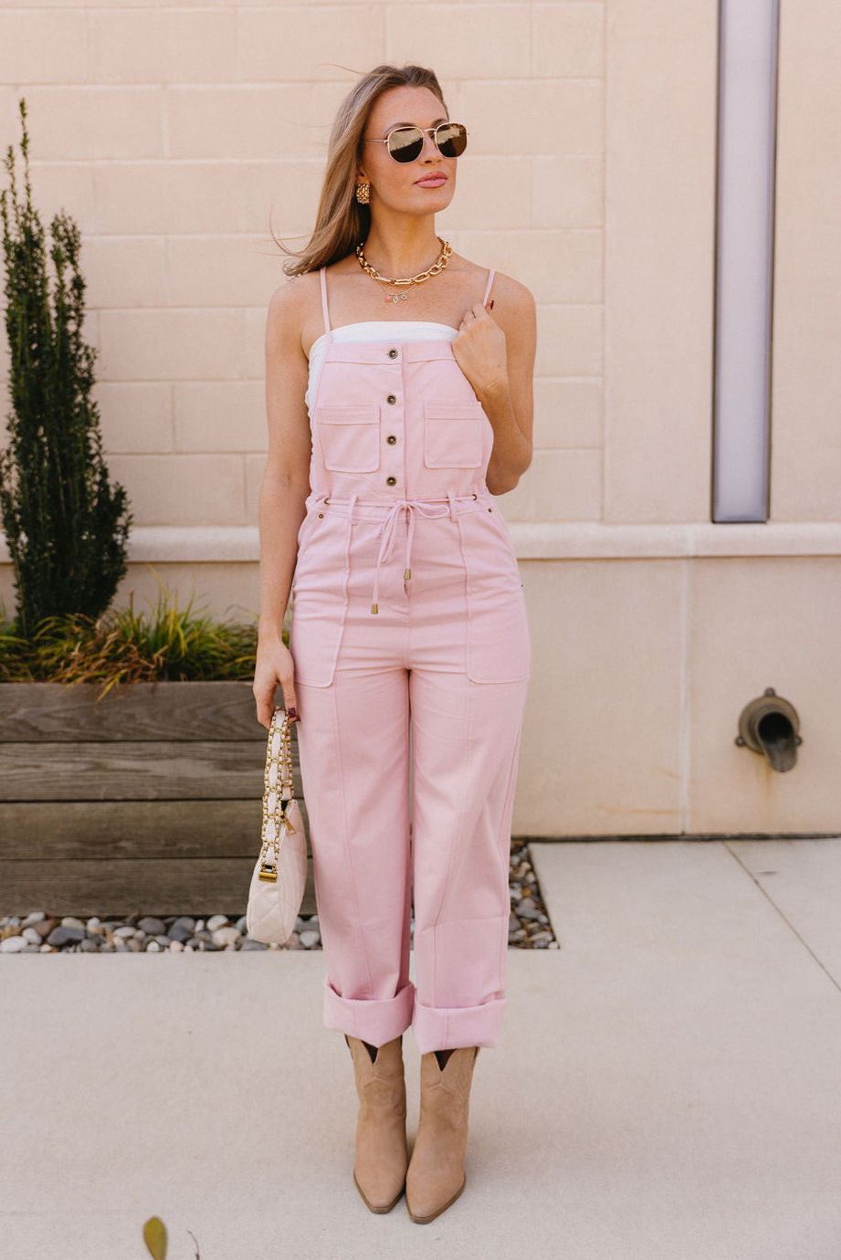 Taylor Blush Pink Denim Overalls - front view