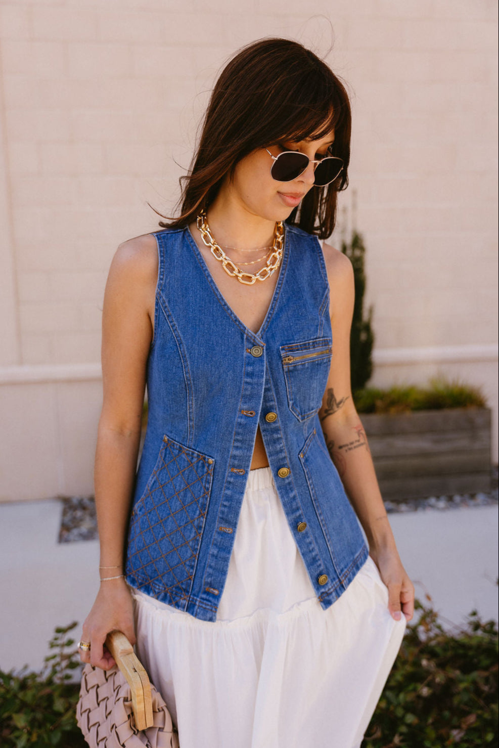 Lucy Button Front Denim Vest - front view