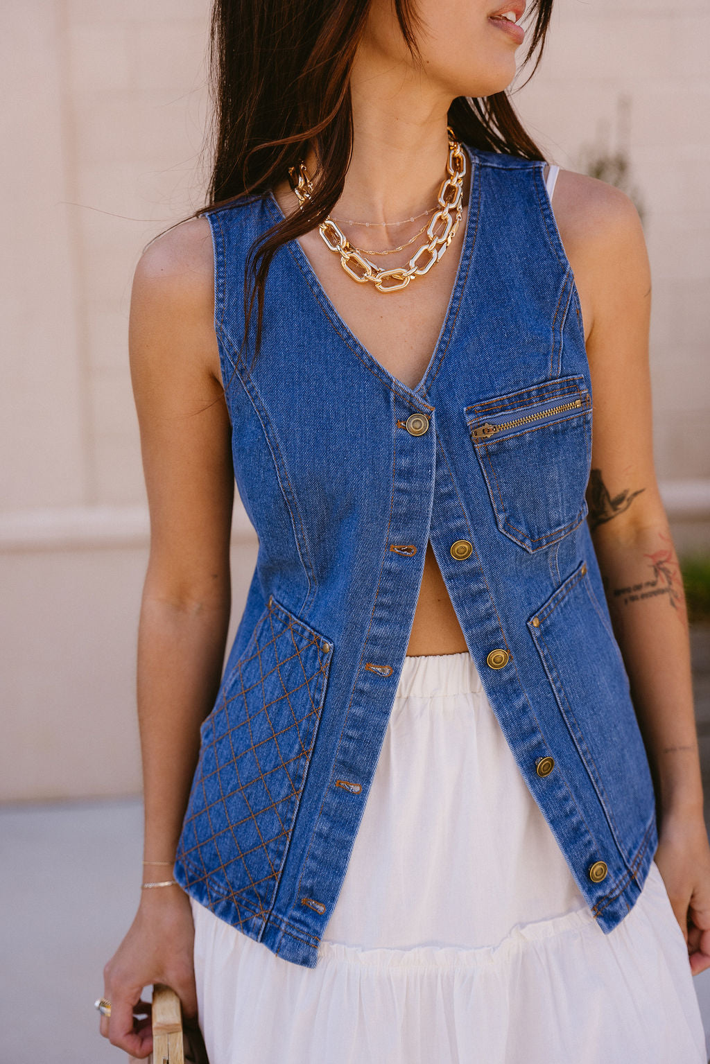 Lucy Button Front Denim Vest - close front view