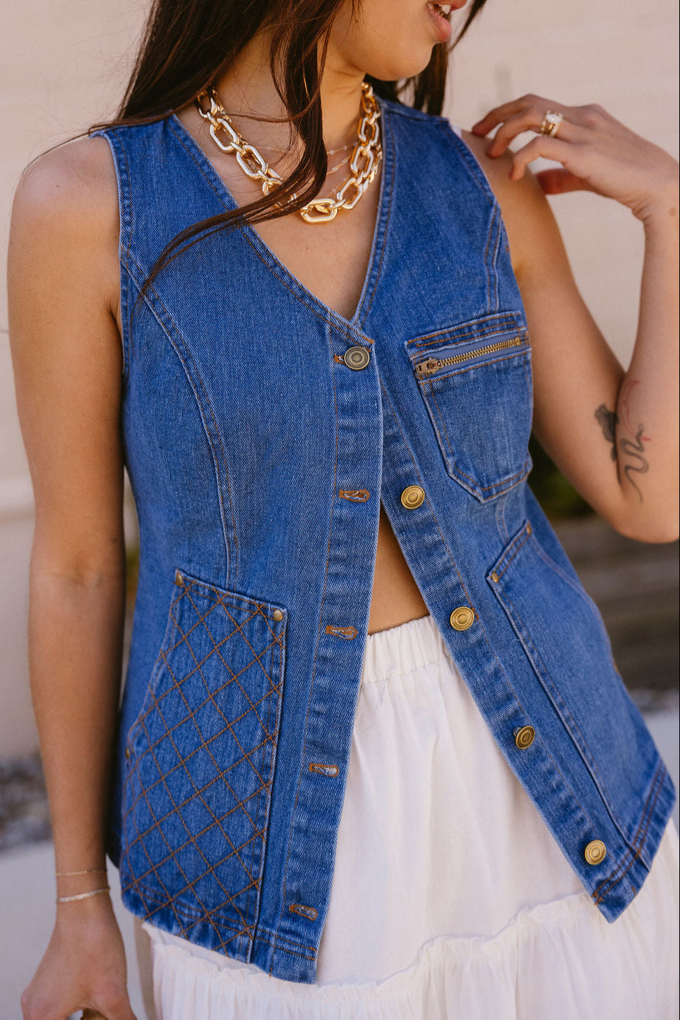 Lucy Button Front Denim Vest - close up front view