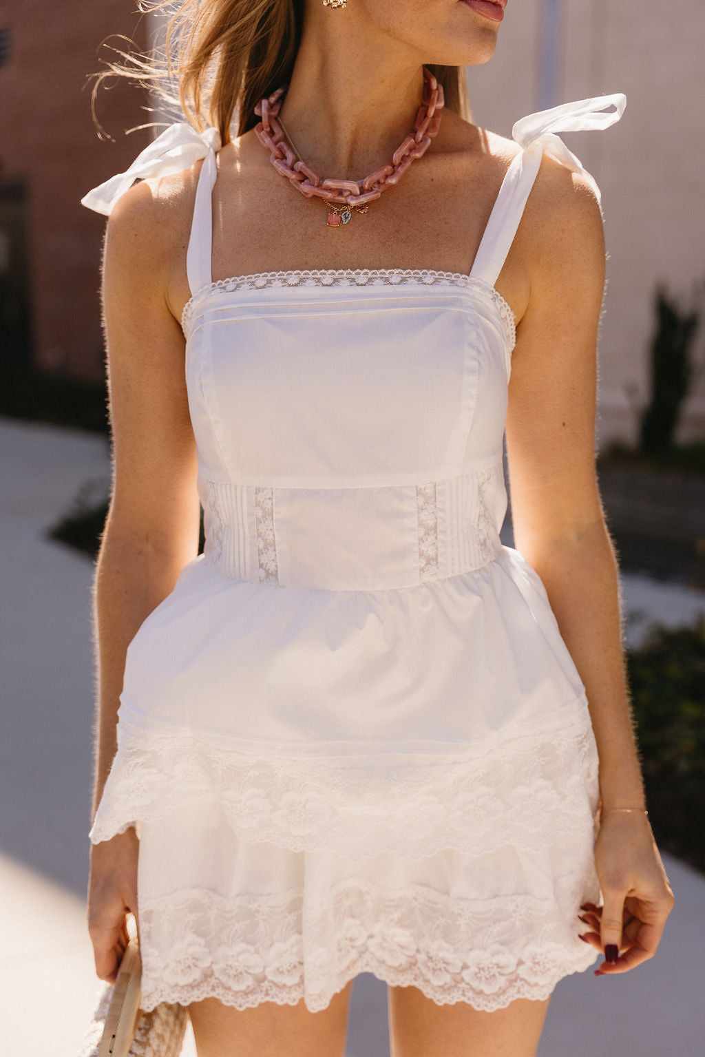 Kinley White Lace Tiered Mini Skirt- top view