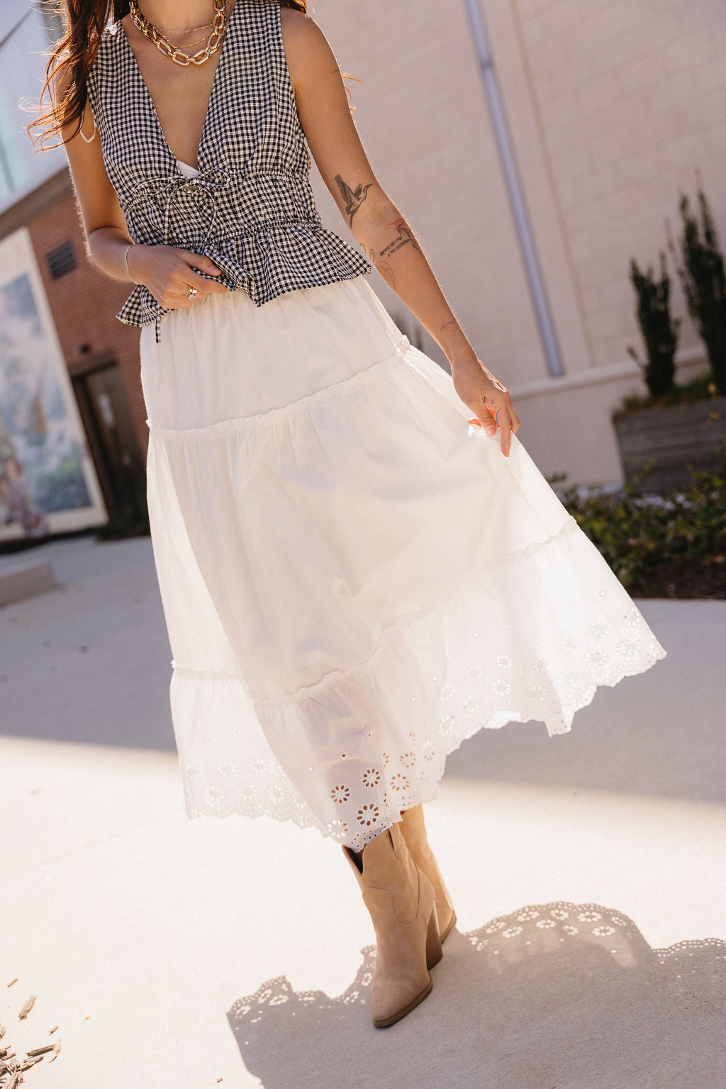 Everlee White Eyelet Midi Skirt- front right side view