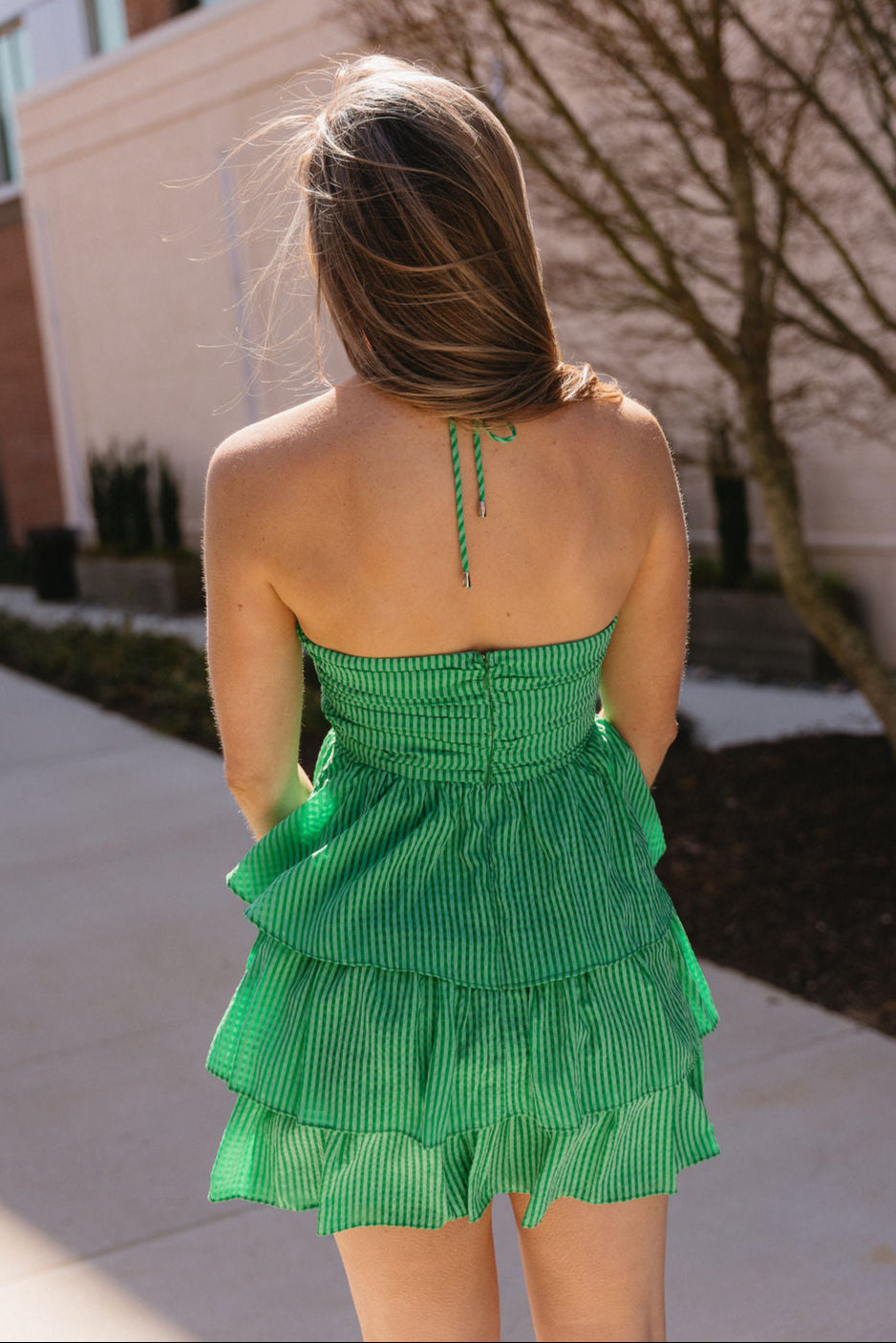 Maren Green Gingham Tiered Mini Dress- back view