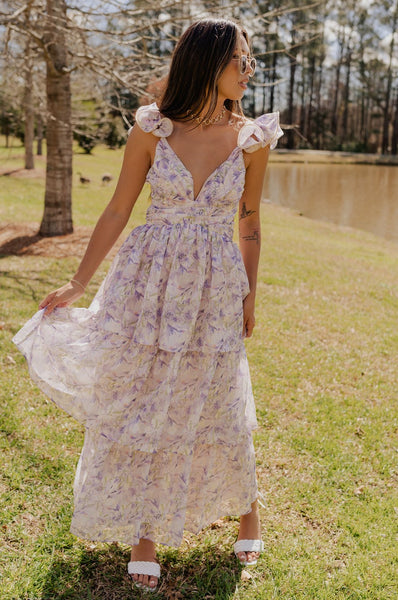 【freckle】ruffle long open dress in flower Lavender Floral Long Ruffle Dress - Tink & Posh