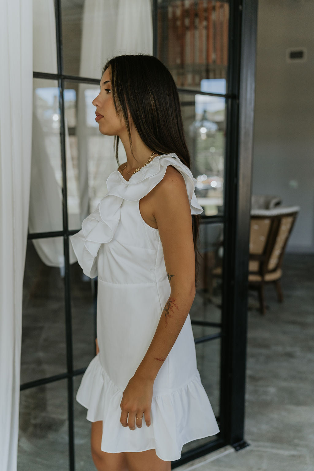 one shoulder ruffle dress white Hello Gorgeous One Shoulder Ruffle Dress- White Tall Oaks Boutique
