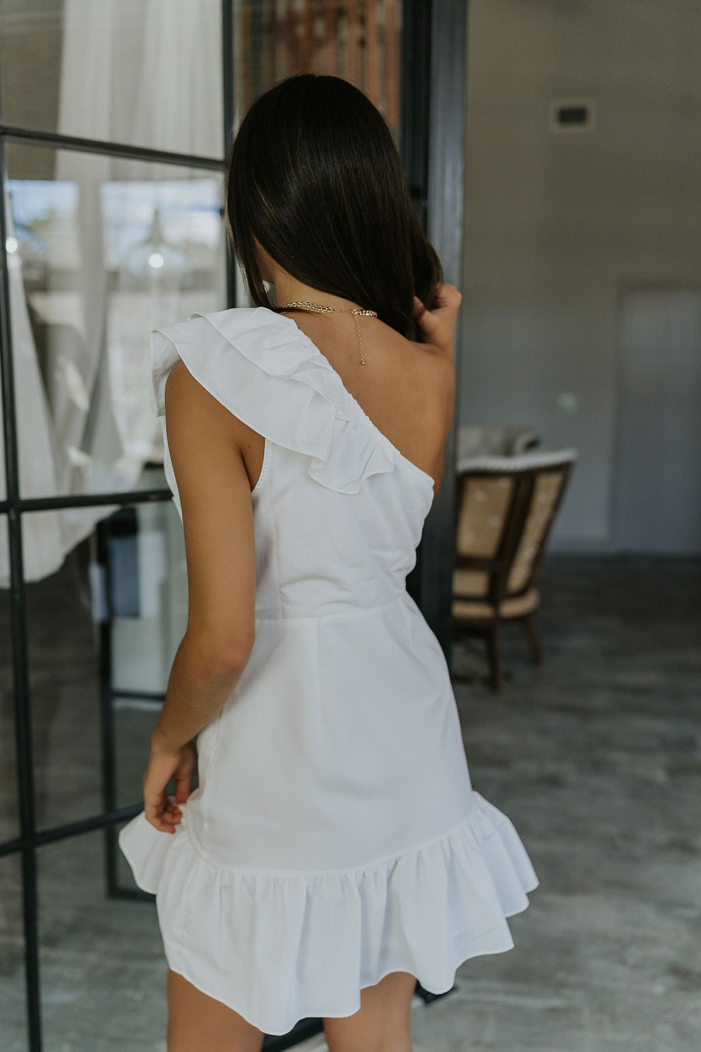 ruffle one shoulder mini dress Hollyn One-Shoulder Ruffle Mini Dress White