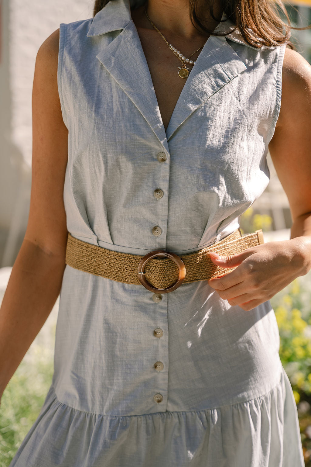 Aliyah Light Sage Raffia Belt Midi Dress - Lizard Thicket Aliyah Light Sage Raffia Belt Midi Dress - Lizard Thicket