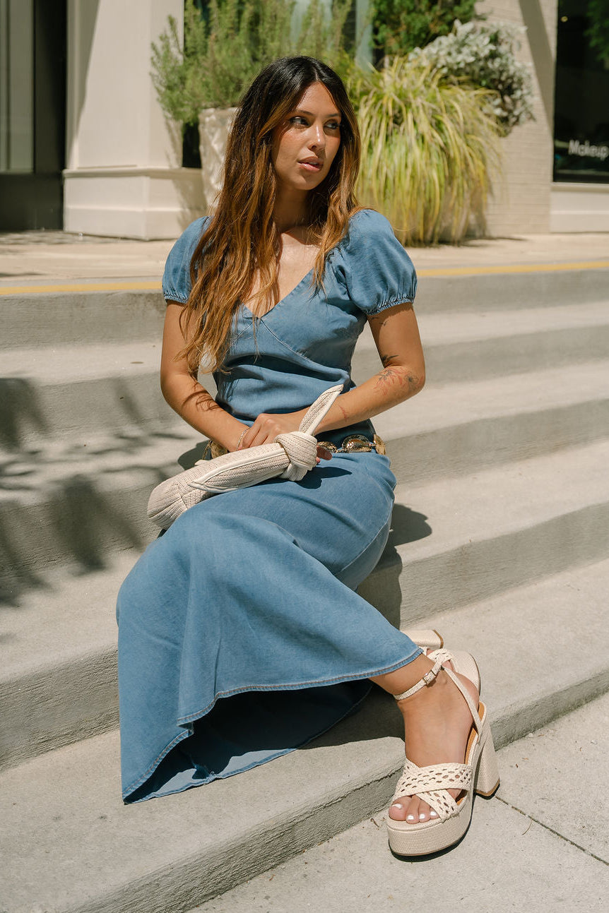 denim puff sleeve maxi dress Luna Puff Sleeve Maxi Dress Light Denim / S