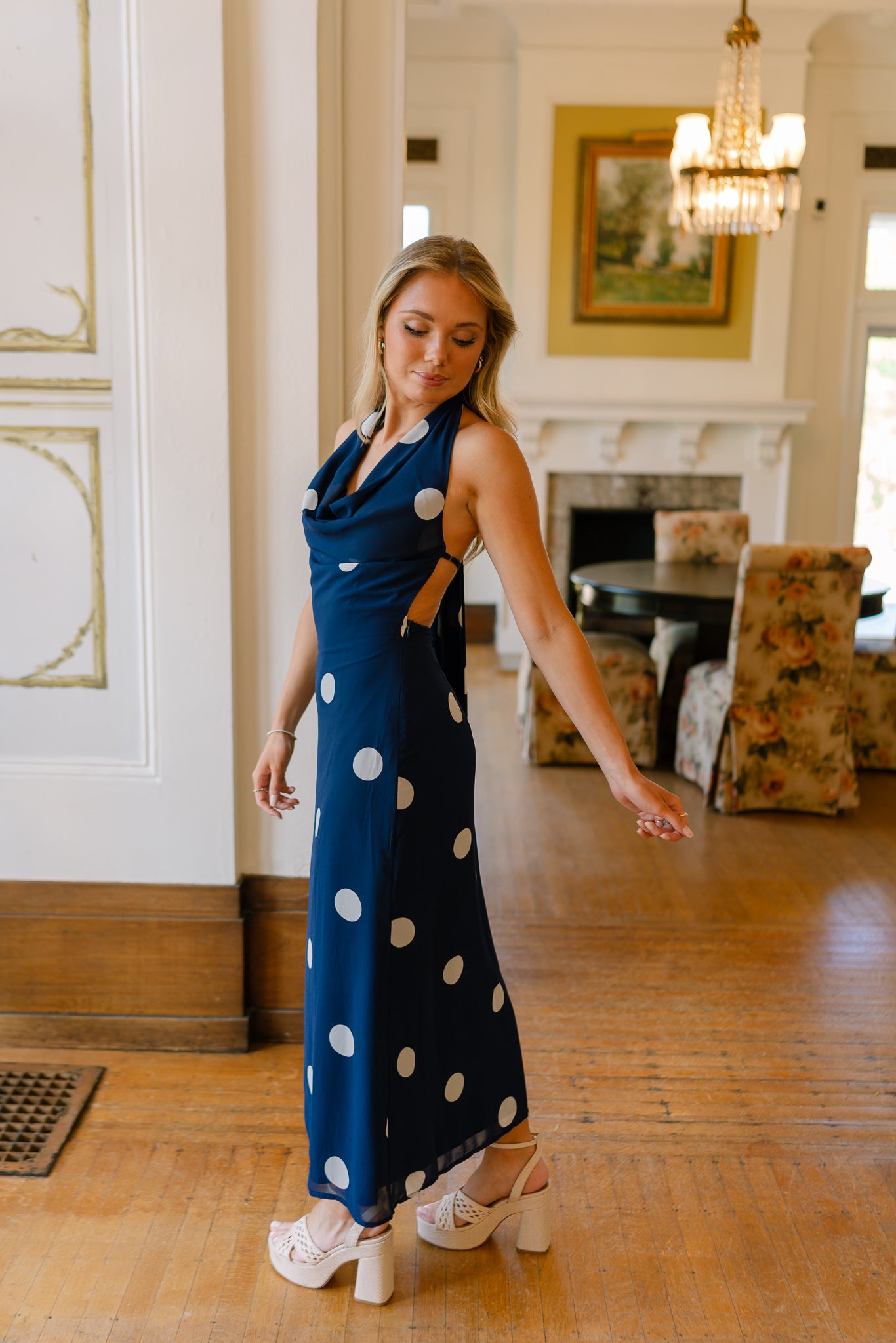 Roma Blue And White Polka Dot Halter Maxi Dress - Lizard Thicket Roma Blue And White Polka Dot Halter Maxi Dress - Lizard Thicket