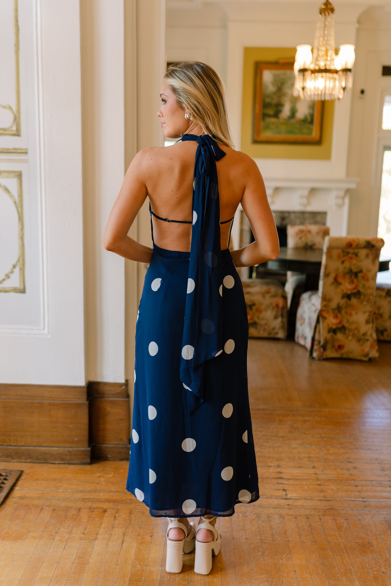 Roma Blue And White Polka Dot Halter Maxi Dress - Lizard Thicket Roma Blue And White Polka Dot Halter Maxi Dress - Lizard Thicket