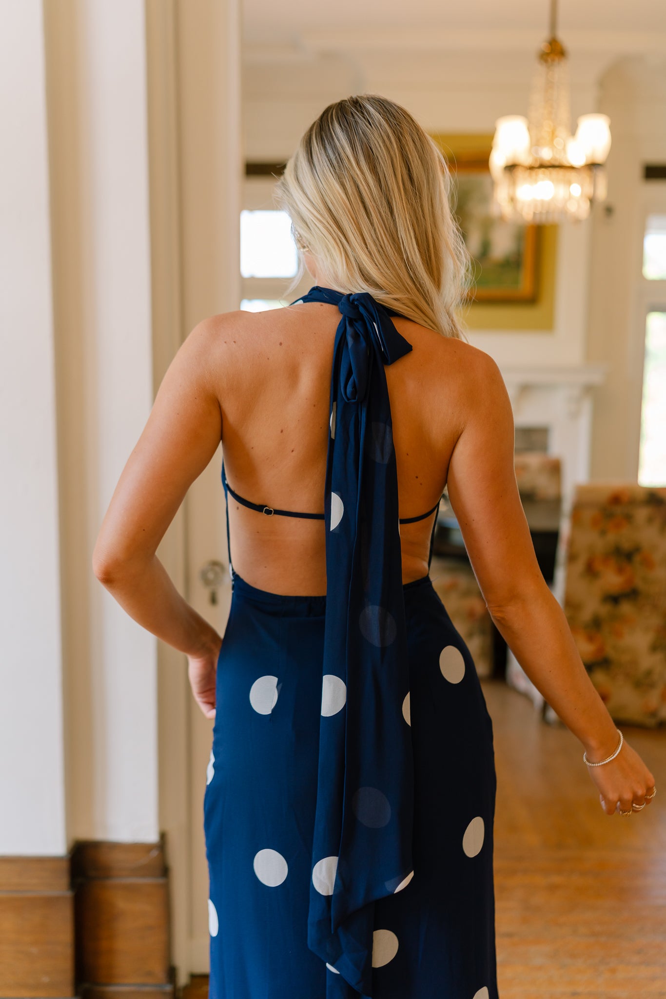 white blue polka dot dress Roma Blue And White Polka Dot Halter Maxi Dress XS