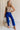 Full body view of female model wearing the Freya Cobalt Blue Straight Leg Pants which features Cobalt Blue Cotton Fabric, Wide Pant Legs, Elastic Waistband and Two Side Pockets
