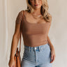 Front view of female model weariing the Saylor Toffee Brown Short Sleeve Top which features Light Brown Lightweight Fabric, Square Neckline and Short Sleeves