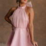 Upper body front view of female model wearing the Eva Pink Sheer Tie Back Mini Dress that has pink sheer fabric with pink lining and a halter neck with a bow tie back