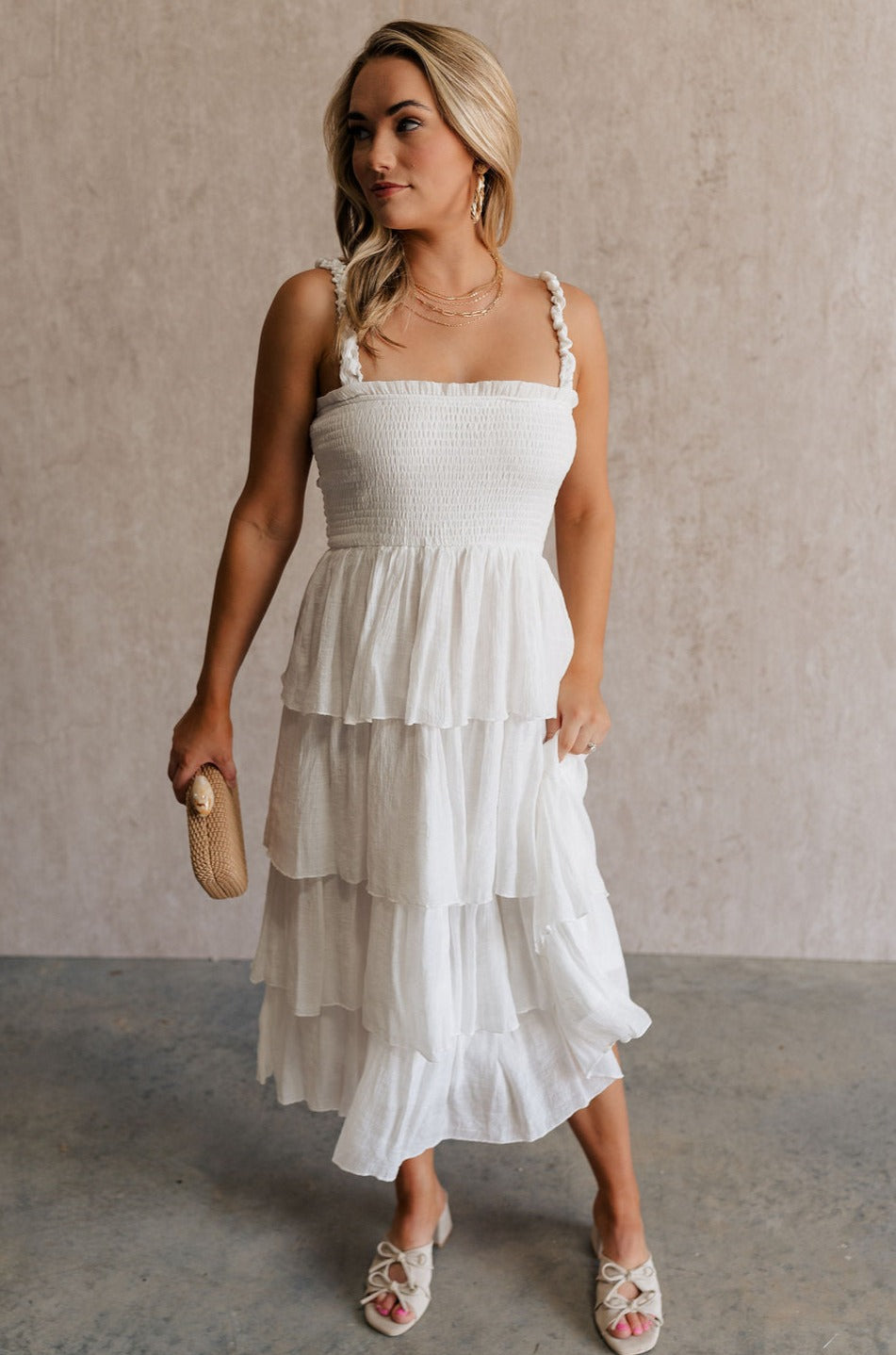 Nova White Smocked Tiered Midi Dress